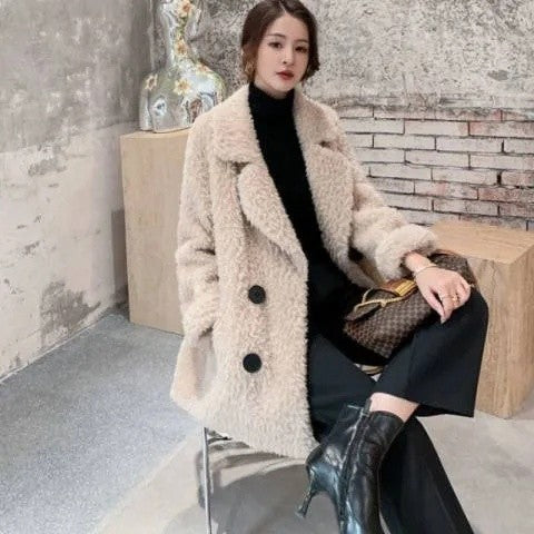 Thickened Lamb Velvet Jacket Women's Mid-Length Loose Slimming Fur Particle Velvet Coat Polyester Fiber Full Sleeve Long Coat