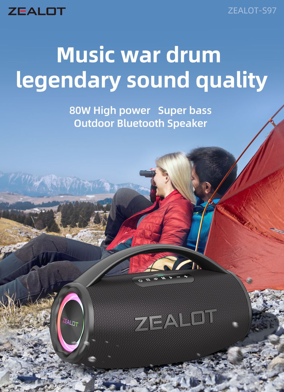 Caixa de som sem fio ZEALOT S97 80W, alto-falante subwoofer portátil para uso externo, qualidade de som Hi-fi, emparelhamento duplo, carregamento rápido, 16000mAh.