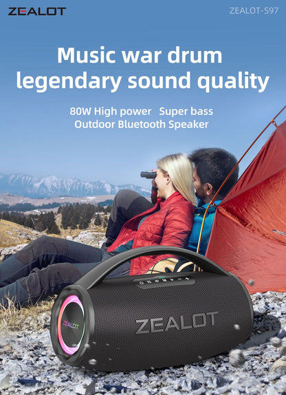 Caixa de som sem fio ZEALOT S97 80W, alto-falante subwoofer portátil para uso externo, qualidade de som Hi-fi, emparelhamento duplo, carregamento rápido, 16000mAh.
