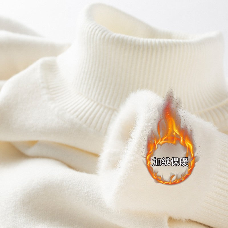 Men‘s Thermal Fleece High-neck Sweater Winter Turn-down Collar Fleece-lined Knitted Pullover Casual Keep Warm Thick Bottom Tops