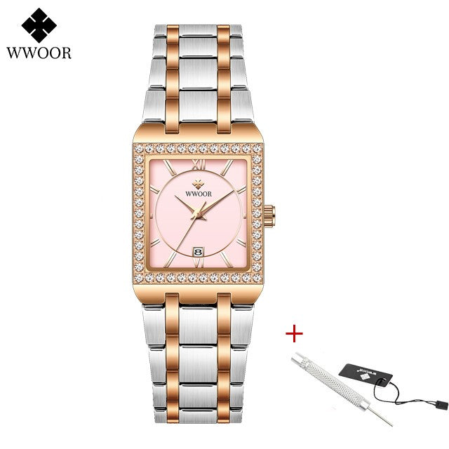 WWOOR Top Brand Luxury New Ladies Diamond Watch Fashion Square lady Wrist Watch Simple Women Dress Small Watch Relogio Feminino