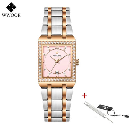 WWOOR Top Brand Luxury New Ladies Diamond Watch Fashion Square lady Wrist Watch Simple Women Dress Small Watch Relogio Feminino