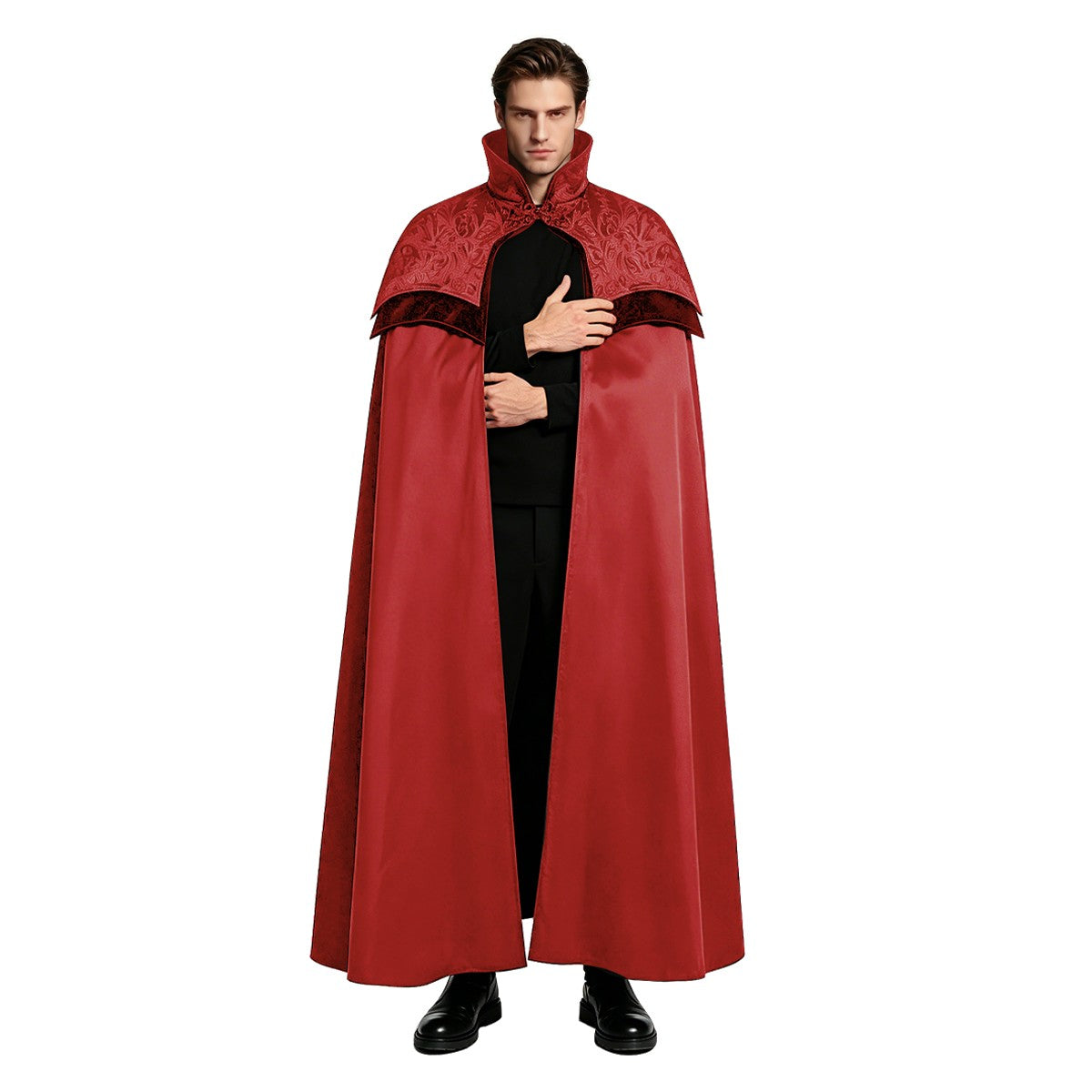 Men's Gothic Long Poncho Vampire Costume Halloween Cosplay Clothing Medieval Steampunk Stand Up Collar Black Wizard Costumes