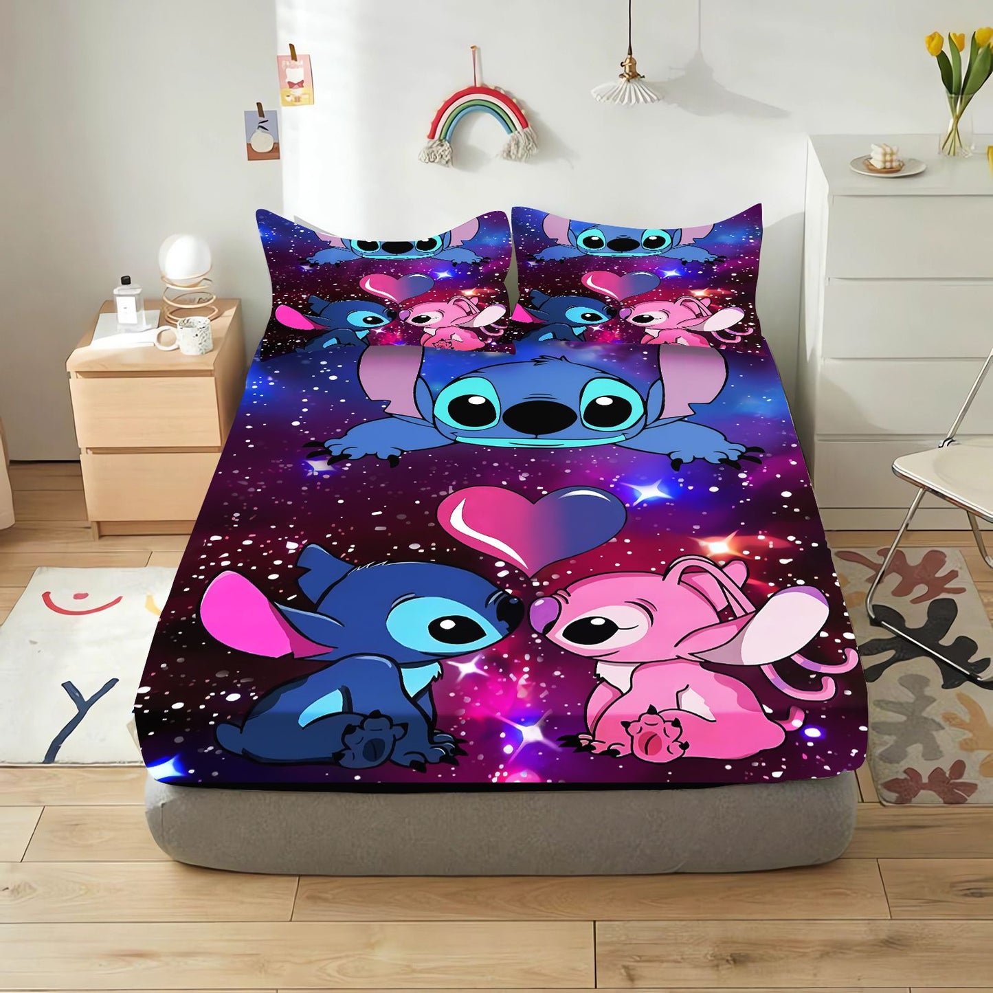 Lilo & Stitch Cartoon Fitted Sheet Home Cover for Teenager Elastic Bedding Cute Digital Printing Sheets Bedding Children