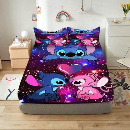 Lilo & Stitch Cartoon Fitted Sheet Home Cover for Teenager Elastic Bedding Cute Digital Printing Sheets Bedding Children