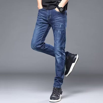 Men's Stylish Classic Business Casual Jeans Four Seasons Wear Black Blue Pants Middle-waist Leggings Denim Fabric Trousers Male