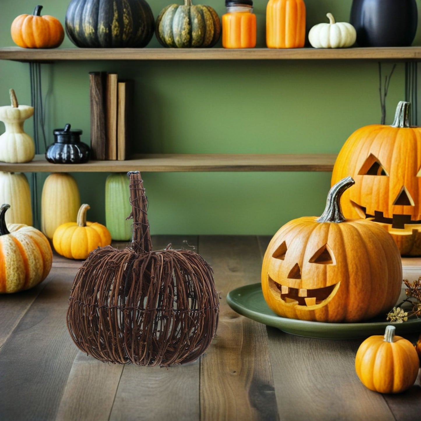 15CM Rattan Woven Pumpkin Halloween Fall Rattan Pumpkin Thanksgiving Table Centerpiece For Halloween And Seasonal Celebration