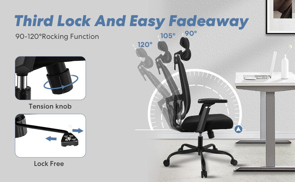 Nova Cadeira de Escritório Ergonômica em Malha com Suporte Lombar Ajustável Inclinação de 120° Cadeira de Computador Confortável com Braços Macios Retráteis
