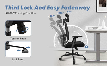Nova Cadeira de Escritório Ergonômica em Malha com Suporte Lombar Ajustável Inclinação de 120° Cadeira de Computador Confortável com Braços Macios Retráteis