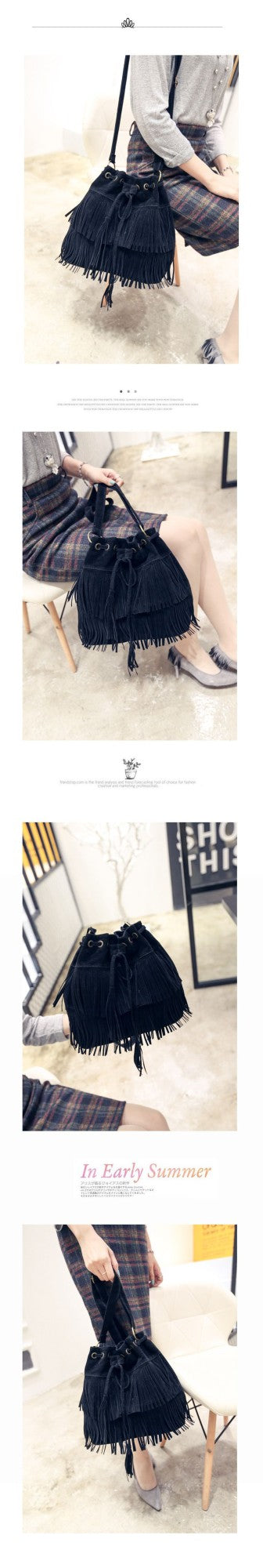 Fashion Retro Faux Suede Fringe Women Messenger Bags Tote New Handbag Tassel Shoulder Handbags Crossbody Bag Tassel Bucket