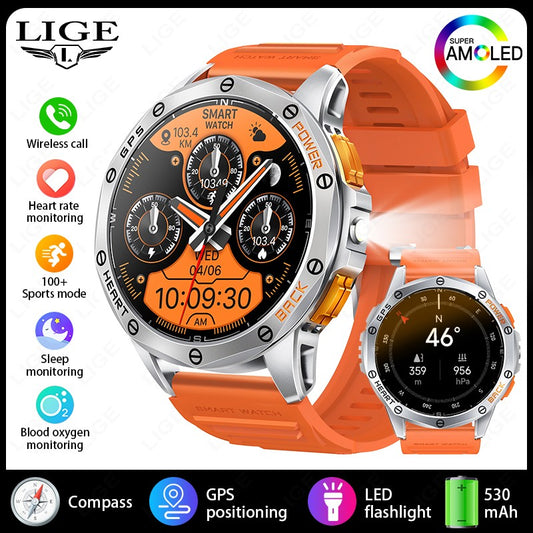 Smartwatch LIGE Novo para Esportes ao Ar Livre com GPS, Bússola, Tela AMOLED de 1.43", Bateria de 530mAh, Monitor Cardíaco, Chamadas Bluetooth e À Prova D'Água