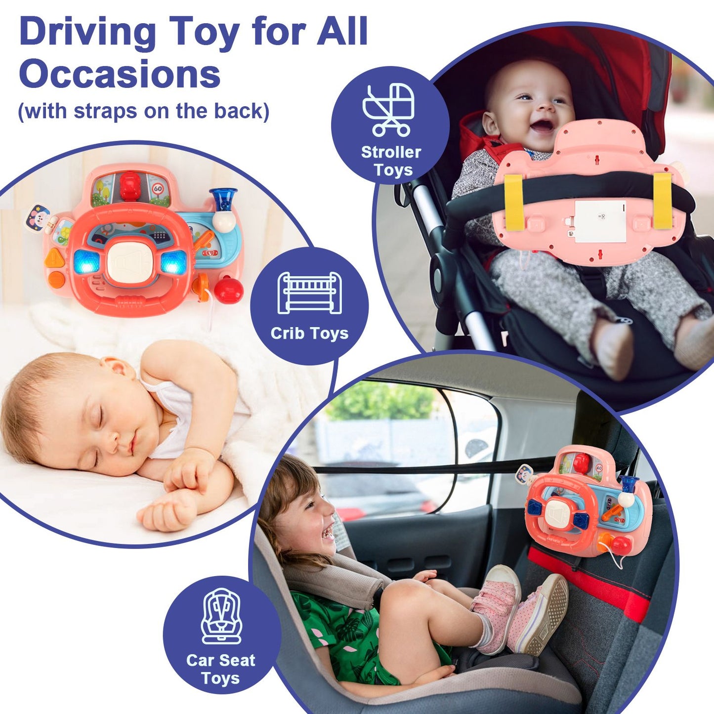 Baby Electric Steering Wheel Simulation Driving Vocal Toys for Car Seats and Stroller Educational Toys for 0-36 Months Toddlers