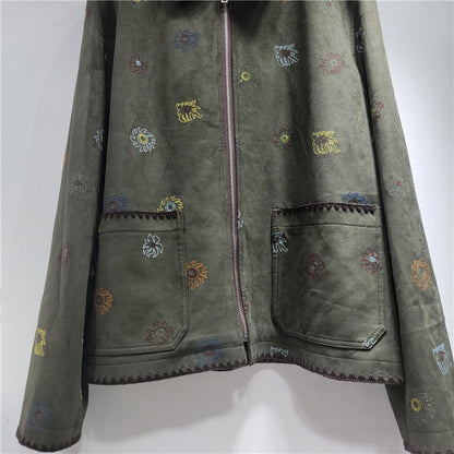 SuperAen Heavy Industry Embroidery Brown Suede Jacket Women's 2025 Autumn New High-end Retro Casual Jacket