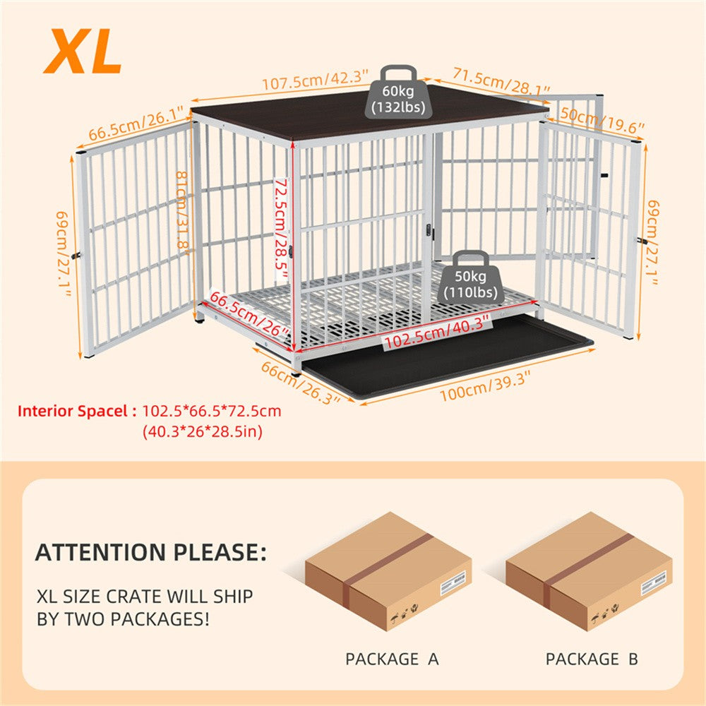 Caixa de Madeira Grande para Cães, Estilo Móvel Interno, Gaiola Elevada para Cães de Estimação, Canil, Mesa de Apoio, Cercado com Treliça, 3 Portas, Bandeja Removível