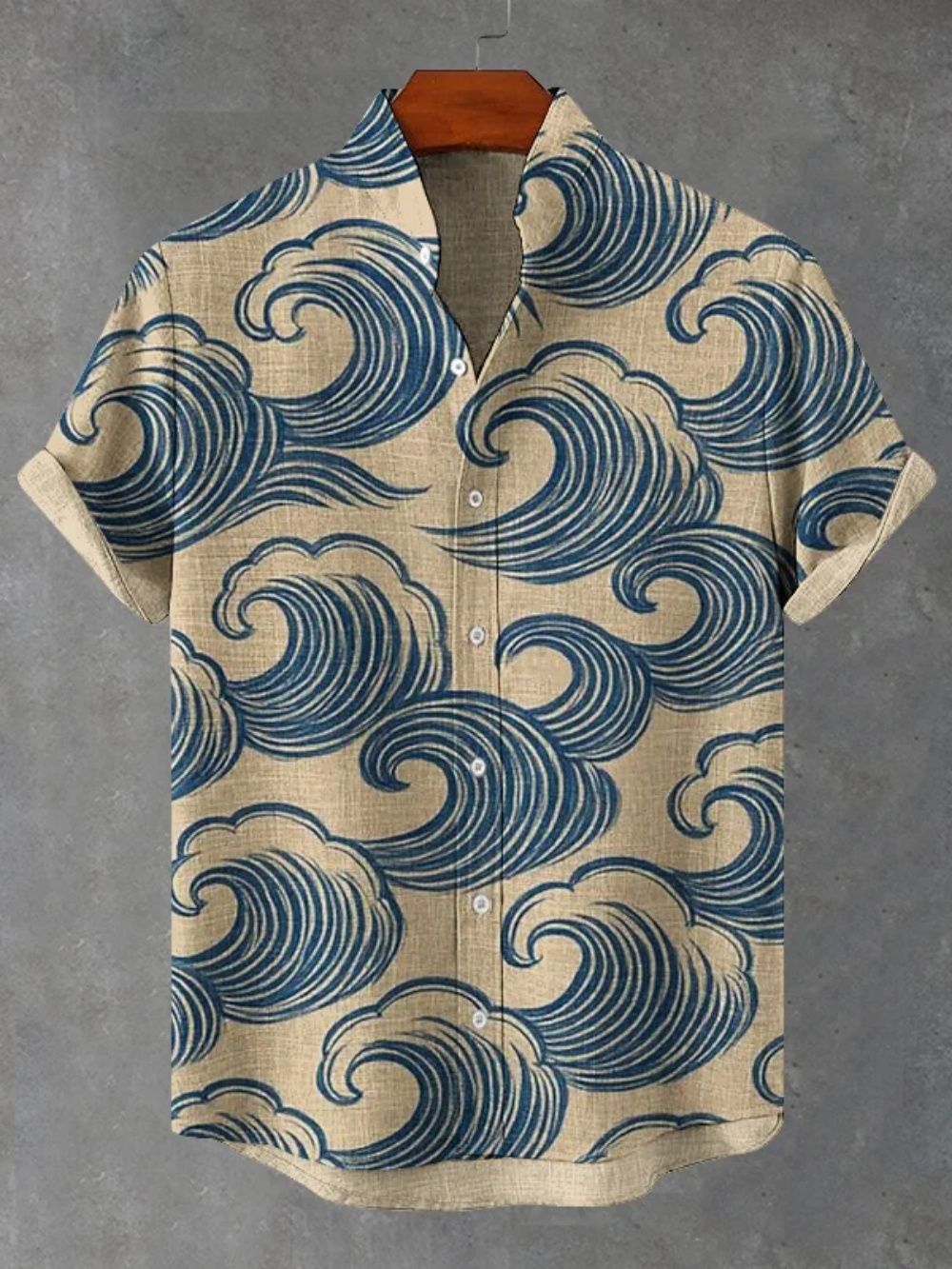 Summer Casual Men's Japanese Art Sea Wave Printed Linen Shirt Short Sleeve Stand up Collar Cardigan Breathable Top