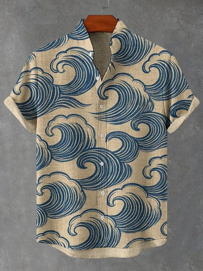 Summer Casual Men's Japanese Art Sea Wave Printed Linen Shirt Short Sleeve Stand up Collar Cardigan Breathable Top