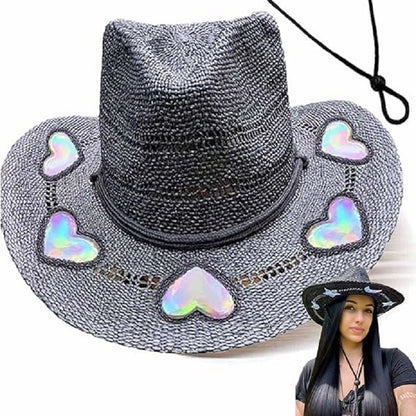 Chapéus de Sol Femininos de Praia de Verão com Lantejoulas de Estrela da Lua, Estilo INS, Chapéu de Sol de Palha Vazado Boêmio Ocidental Estilo Cowgirl