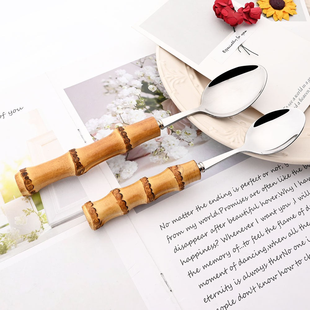 Drmfiy Teaspoon Dinnerware Set Stainless Steel 4/6/10Pcs Coffee Spoons Cutlery Set Kitchen Bamboo Handle Golden Tableware Set