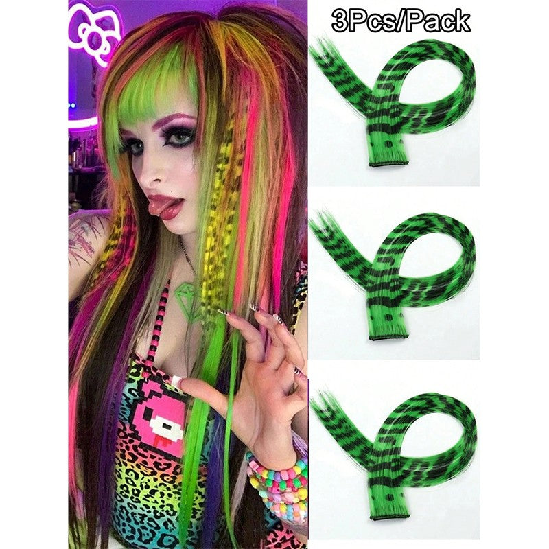 3Pcs Leopard Print Hair Extensions Synthetic Stripe Printed Hair Piece Colorful Long Straight Clip In Hair For Women Girls Party