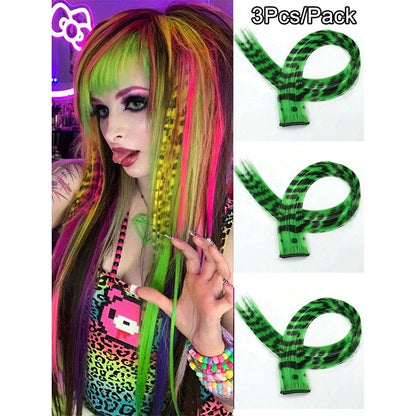 3Pcs Leopard Print Hair Extensions Synthetic Stripe Printed Hair Piece Colorful Long Straight Clip In Hair For Women Girls Party