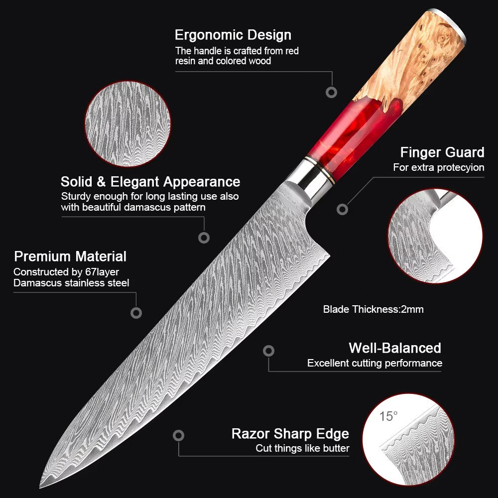XITUO Conjunto de Facas de Cozinha de Aço Damasco de 1 a 9 Peças Inclui Faca do Chefe, Faca de Pão, Cutelo, Faca Santoku, Faca Nakiri para Desossar