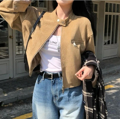 Retro American Coffee Brown Copper Zipper Button Short Jacket 2025 Autumn Trendy PU Leather Jacket Versatile for Dynamic Women