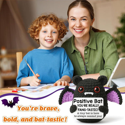 Handmade Positive Bat Doll With Card Home Decoration Knitting Bat Halloween Egg Doll Ornament Room Decor Halloween Party Gift