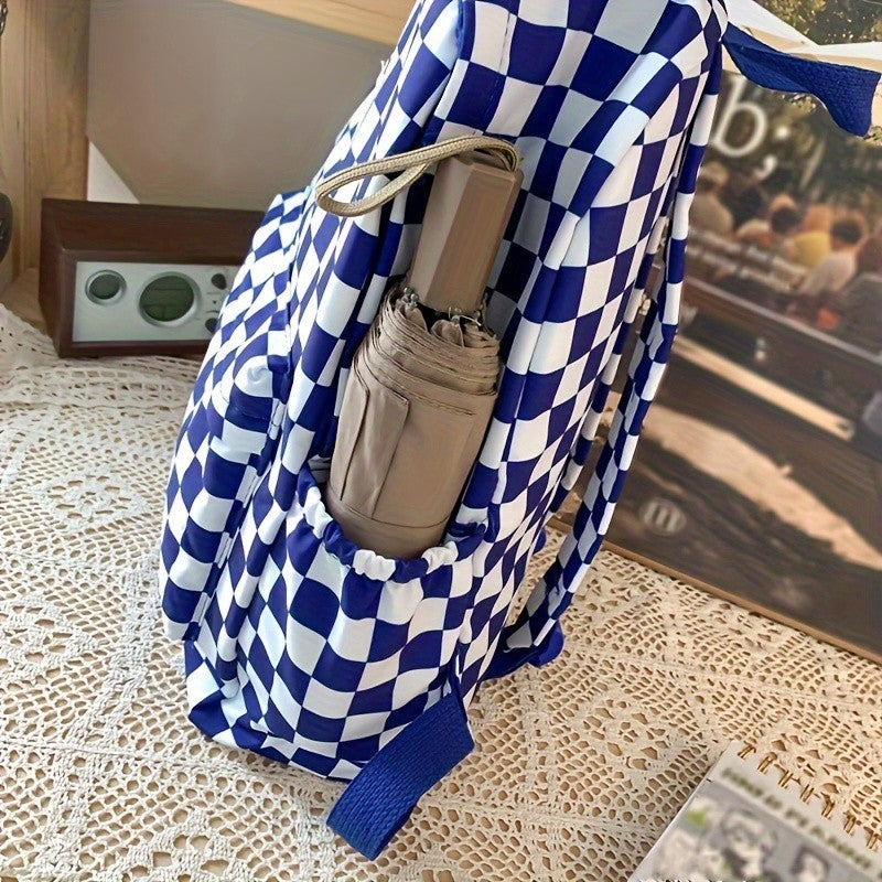 Mochila de lazer coreana com design xadrez de cores contrastantes, mochila diária do mesmo estilo, mochila casual simples para ensino médio e fundamental