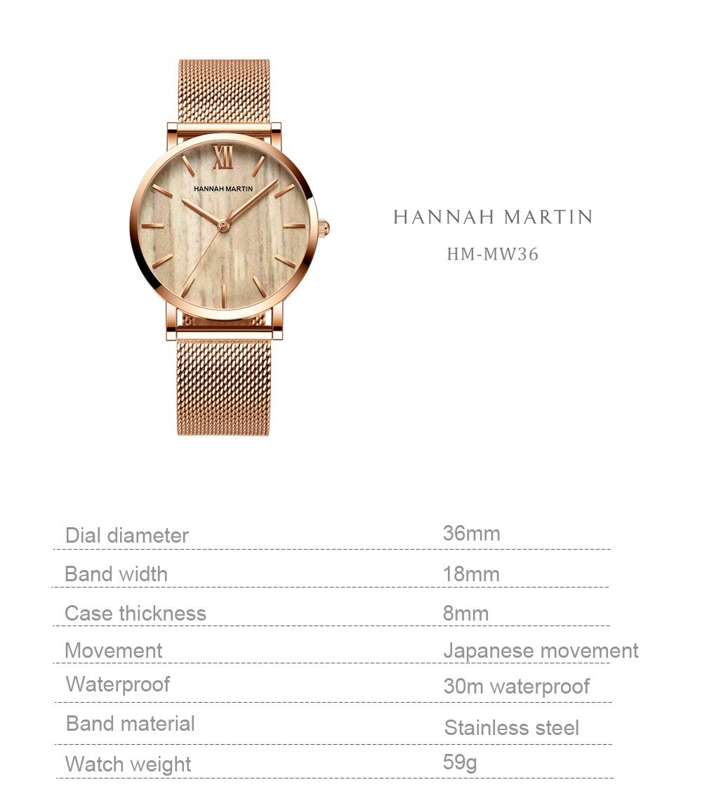 HANNAH MARTIN Brand Quality Stainless Steel Japan Quartz Movement Waterproof Women 36mm Full Rose Gold Ladies Dropshipping Watch