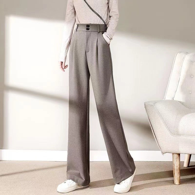2024 Autumn Winter Women Concise Woolen Pants Lady Wide Leg Designer Outside Trousers Female Thicken High Waisted Draping Pants