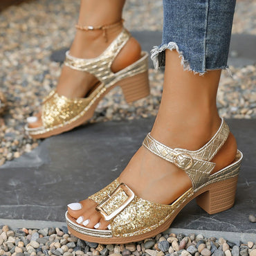 Women's Shiny Sequin High Heels Sandals Summer Ankle Buckle Beach Sandals Casual Woman Plus Size 43 Women's Shoes