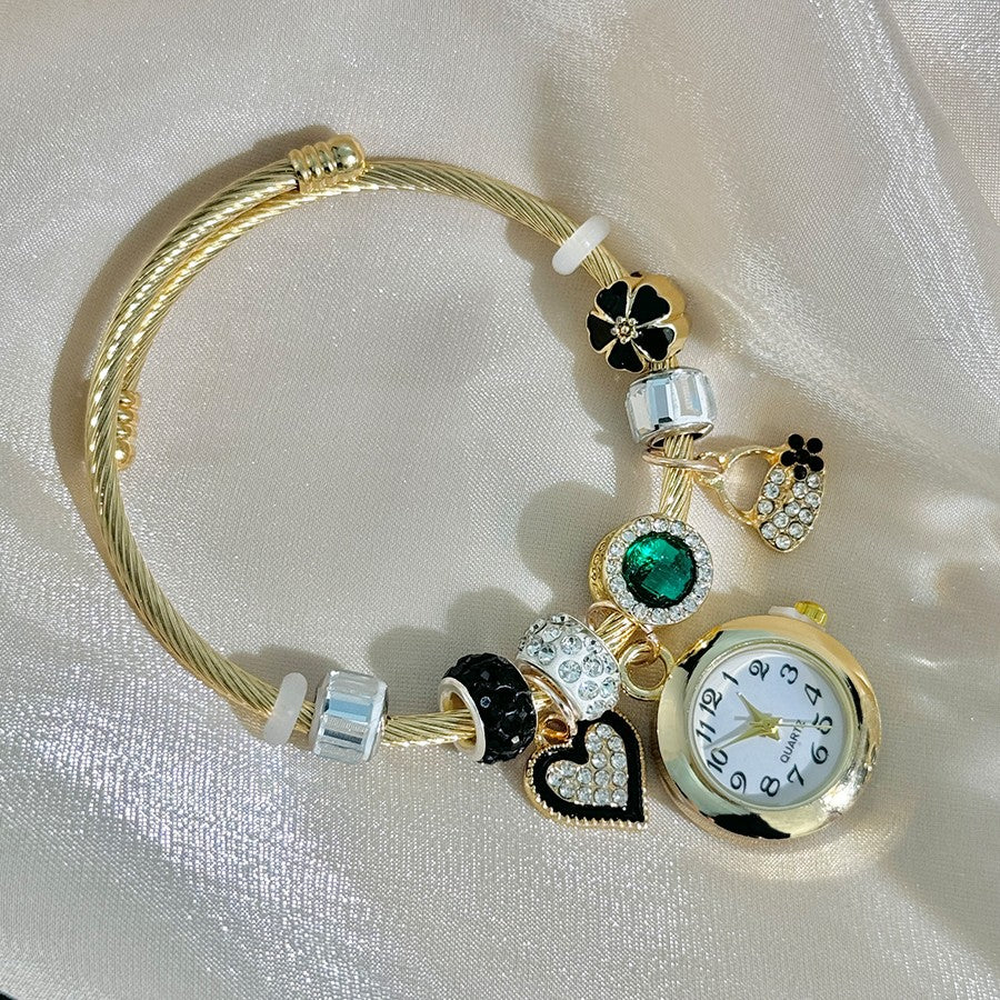 Cross-border Gold Bracelet Watch Adjustable opening Alloy bracelet Quartz Watch Beaded Small flower bracelet Watch