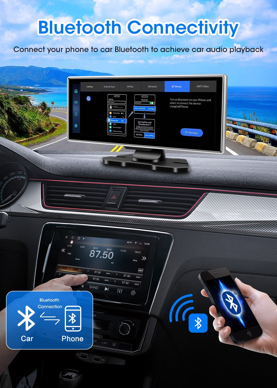 Câmera Veicular 10/11.26 polegadas 4K DVR Automotivo Sem Fio Carplay & Android Auto GPS Navegação Gravador de Vídeo Painel Dupla Lente Wifi FM AUX