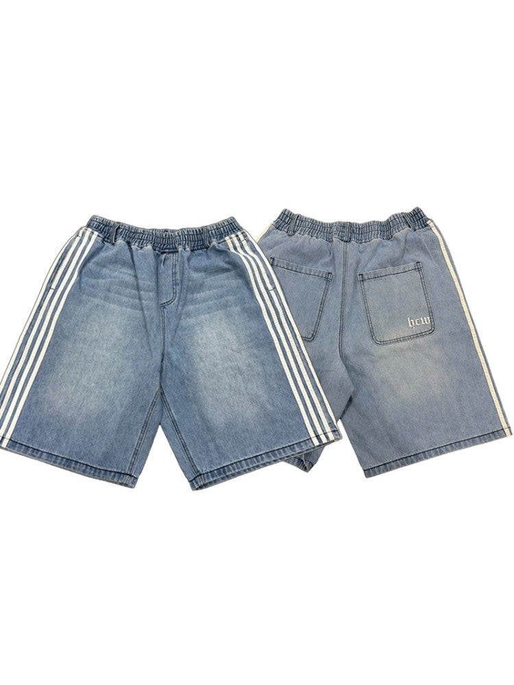 Y2K Denim Shorts Mens Womens HCW Striped Embroidery Retro Loose Summer Shorts Harajuku Hip Hop Casual Gym Shorts Streetwear New