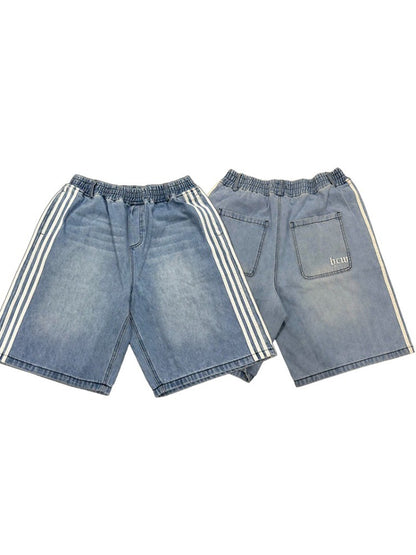 Y2K Denim Shorts Mens Womens HCW Striped Embroidery Retro Loose Summer Shorts Harajuku Hip Hop Casual Gym Shorts Streetwear New