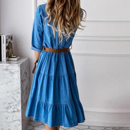 Denim Dress Three Quarter Sleeve with Belt Turn-down Collar Spring Autumn Buttons Ruffle Jeans Dresses for women 2025
