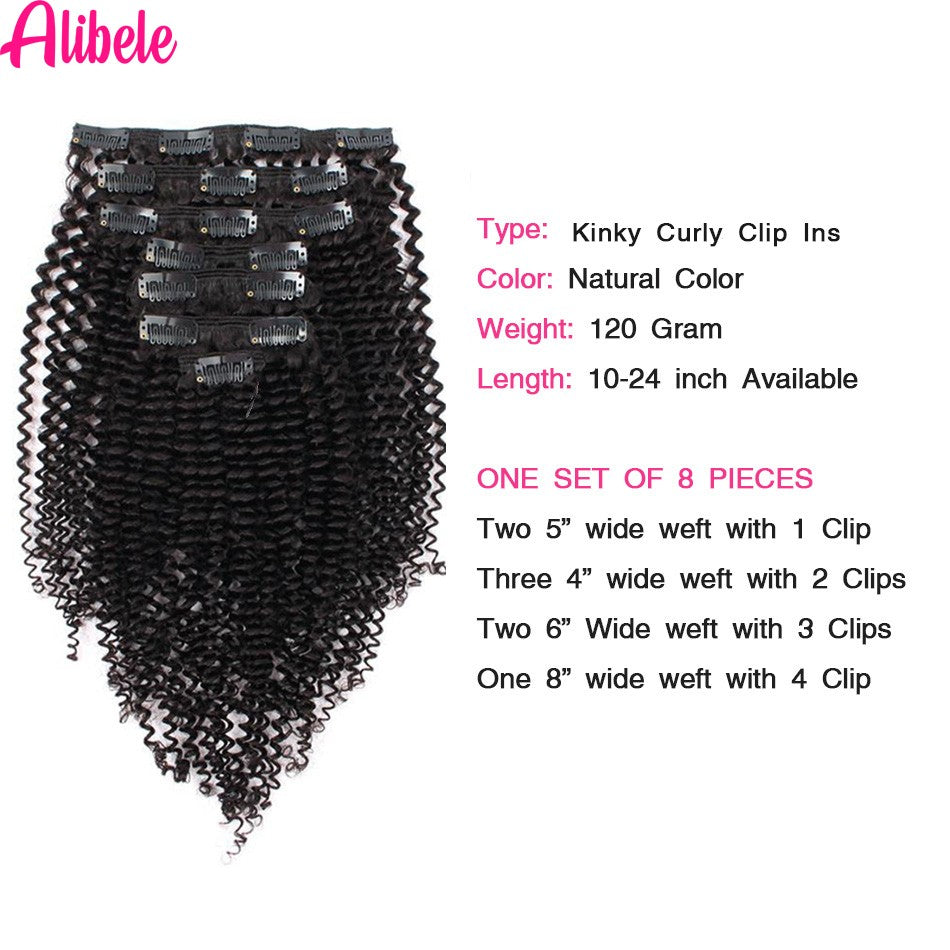 Alibele 4B 4C Afro Kinky Culy Clips In Human Hair Extensions Cabelo Remy Brasileiro com Clipes de 120g, 8 Peças/Conjunto, 25-71 cm para Mulheres