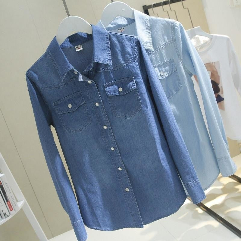 Women Blouse Denim Long Sleeve Spring Clothes Blue Lapel Shirt Blusas Mujer De Moda