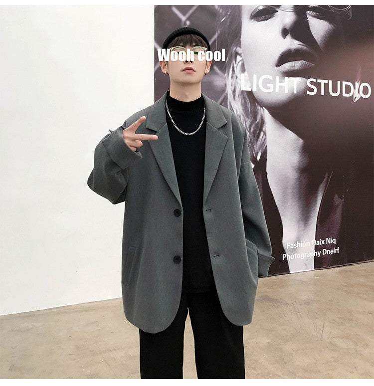 Autumn Men's Casual Solid Color Blazer Korean Style Business Single Trendy Oversize Business Suit Jackets Retro Daily Streetwear