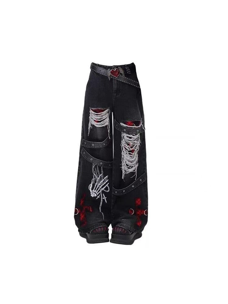 Y2K Red Gothic Hip-Hop Hole Vintage Jeans Girl High Street Trend American Baggy Wash Overall Belt Splicing Woman Wide-leg Pants