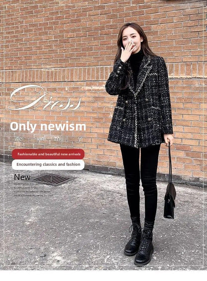 Thickened Cotton Tweed Coat for Women Spring Loose Plaid Outerwear Cozy Style Large Size Patchwork Small Suiting