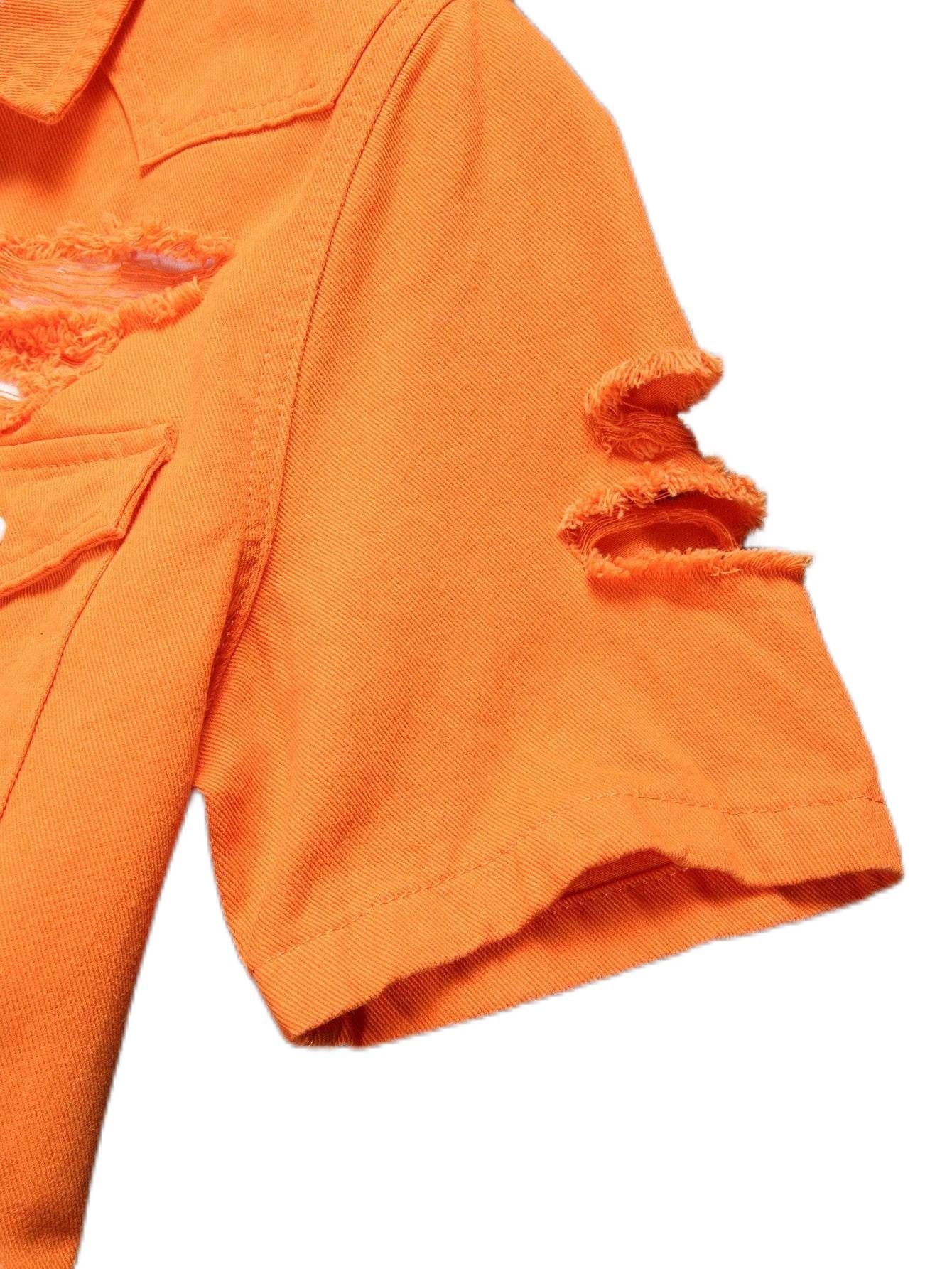 Men's summer orange short - sleeved denim shirt with holes. In a stylish and casual style.