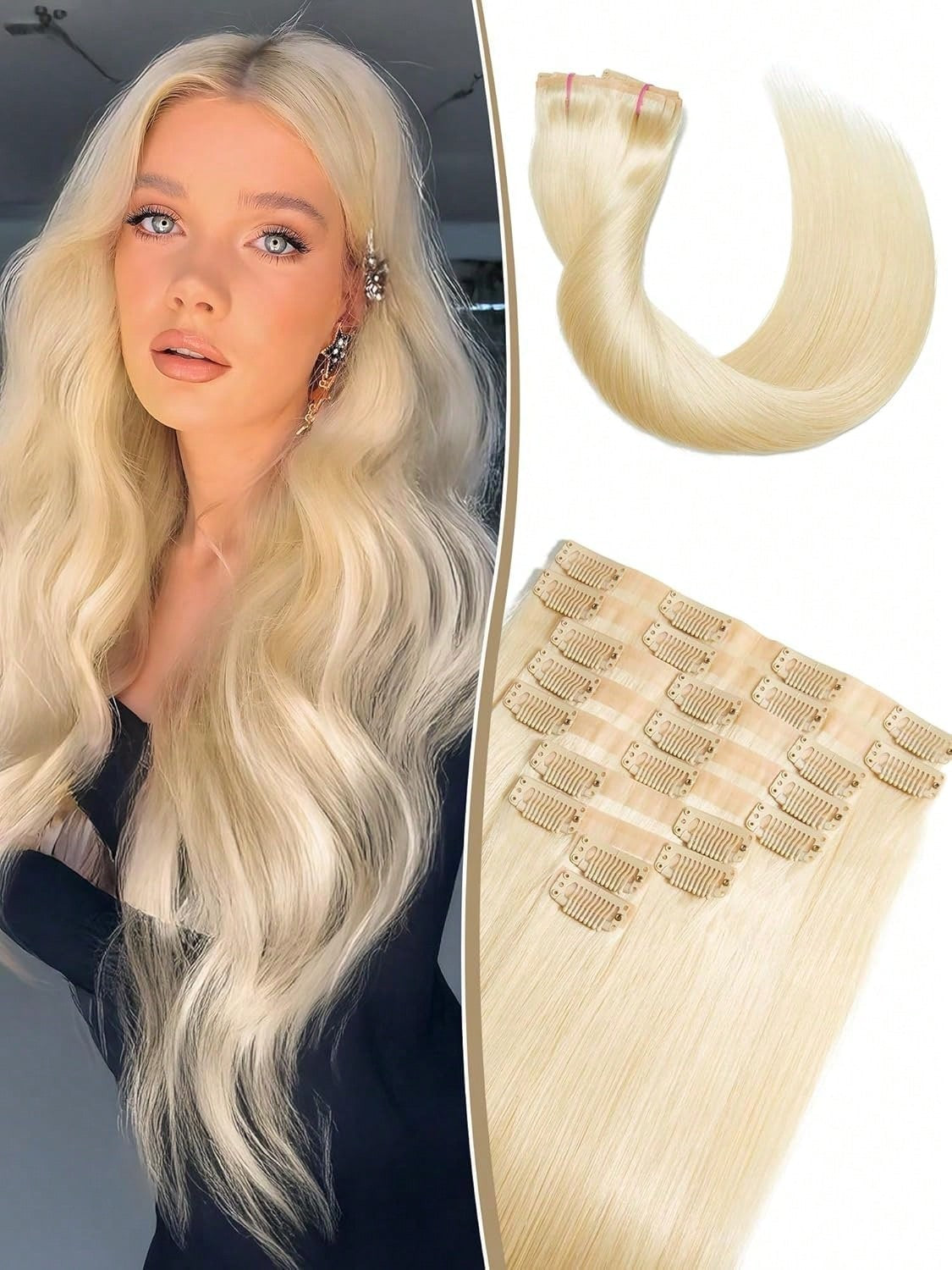 Aplique de Cabelo Humano Loiro com Grampo, Extensões de Cabelo com Grampo, 8 Peças, Trama Dupla, Pontas de Cabelo Humano #613