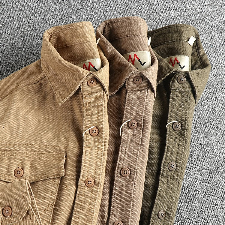 2025 Spring and Autumn New American Retro Woven Twill Cargo Shirt Men's Simple 100% Cotton Washed Double Pocket Causal Blousers