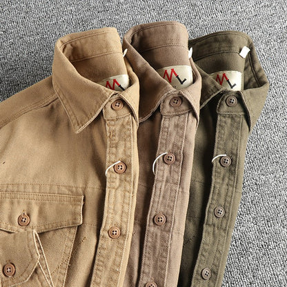 2025 Spring and Autumn New American Retro Woven Twill Cargo Shirt Men's Simple 100% Cotton Washed Double Pocket Causal Blousers