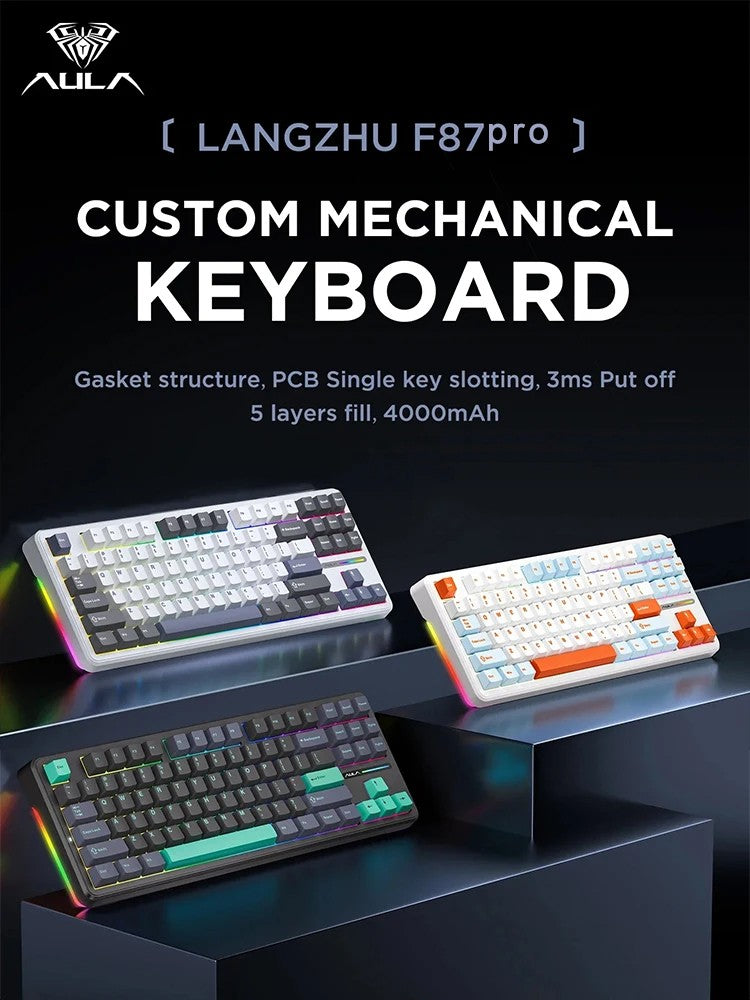 Teclado Mecânico AULA F87 Pro 2.4g/Usb/Bluetooth Tri Mode Sem Fio 87 Teclas Rgb Pbt Gasket 5 Camadas Silencioso Teclas Completas Sem Impacto