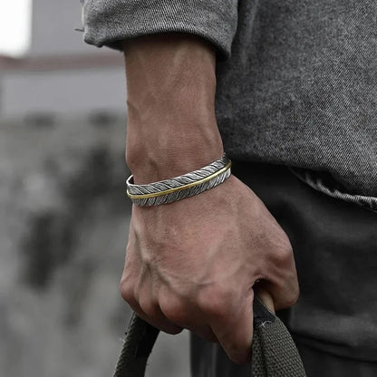 Pulseira Bracelete de Prata Esterlina 925 Pena Flor Dourada Vintage Punk Para Mulheres Homens Joias da Moda Presente Dropship Atacado