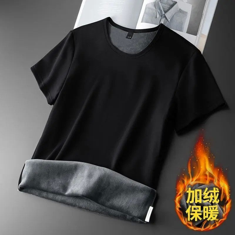 Men Thermal Underwear Tops Fleece Thickened Short Sleeve T-Shirt Keep Warm Tees O-neck Solid Bottoming Shirt Thermo Pullover