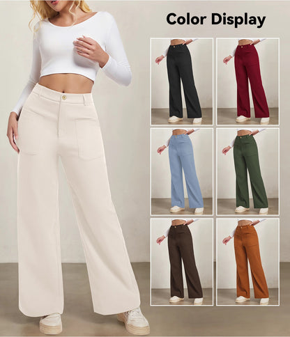 Women's Plain Pocket Button Front Wide Leg Pants, Casual High Waist Trousers for Daily Wear, Ladies Bottoms for All Seasons