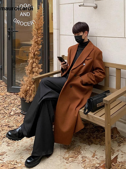 Mauroicardi Autumn Winter Long Warm Coffee Black Soft Woolen Coat Men Double Breasted Loose Casual Wool Blends Overcoat 2023